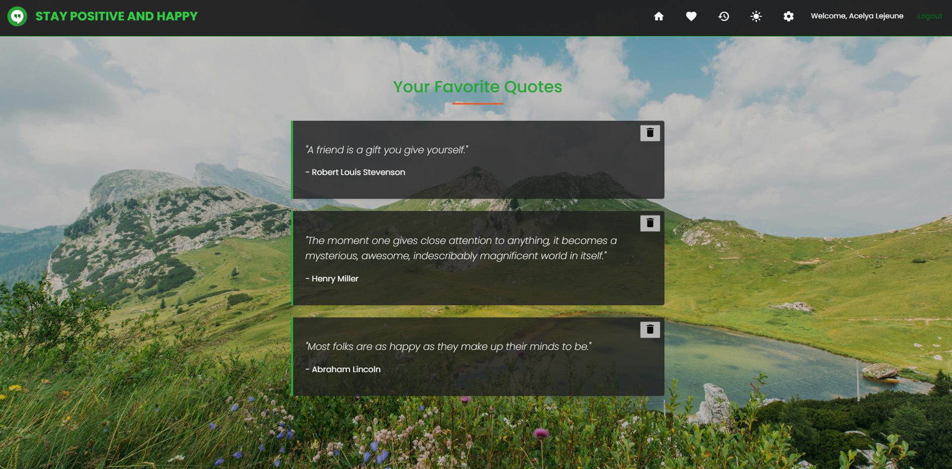 Positive Quotes App favorites page